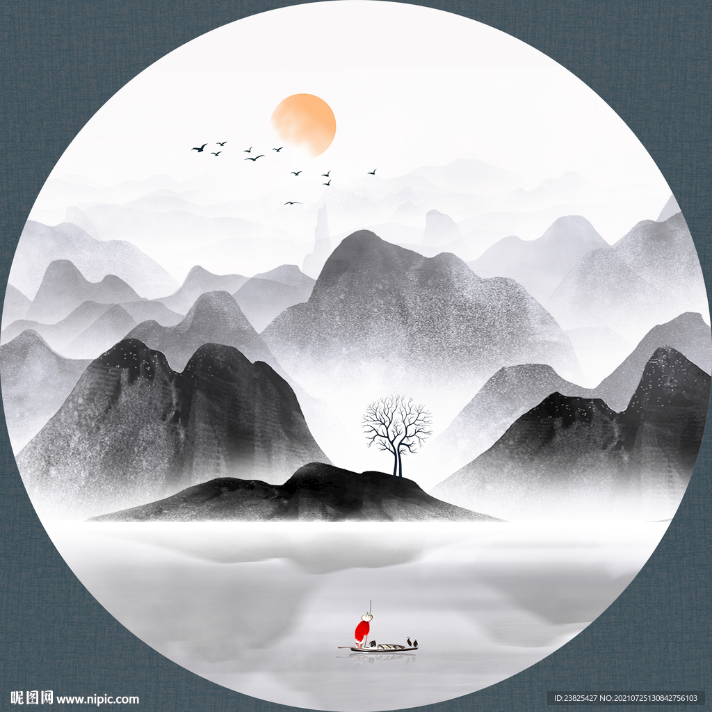 新中式抽象水墨山水圆形装饰画