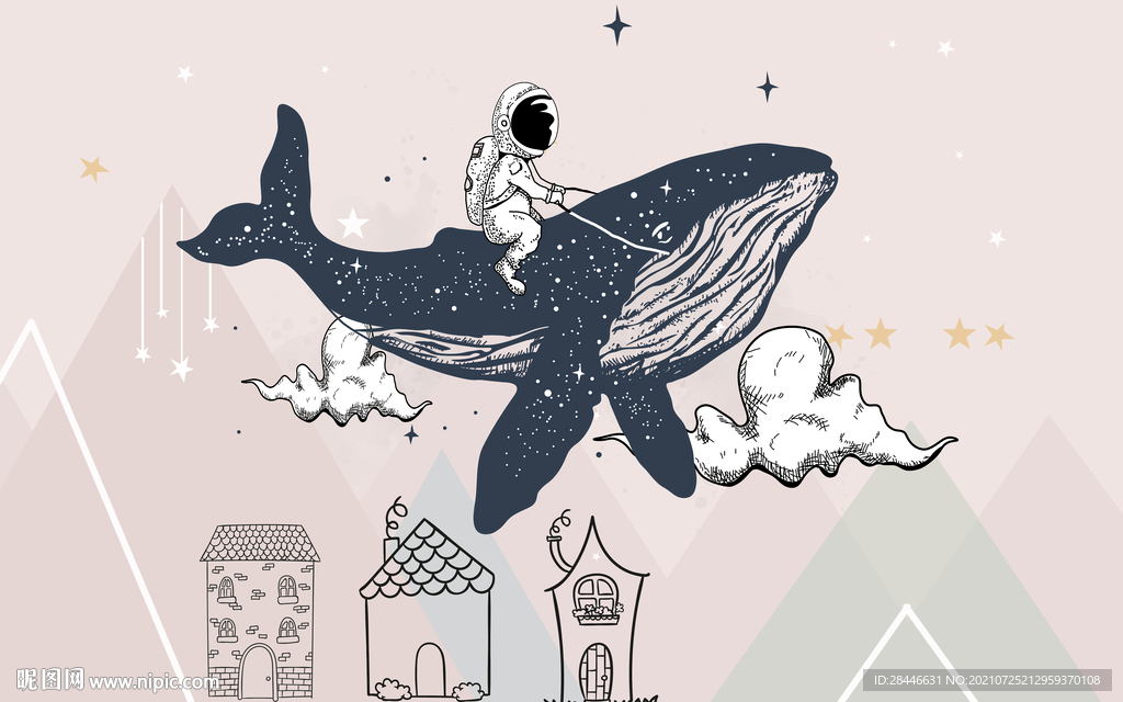 北欧卡通手绘儿童房背景墙