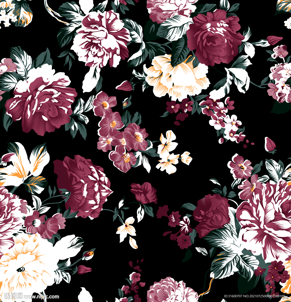 传统色块手描花卉