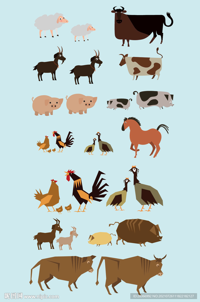 AI矢量手绘家禽家畜动物