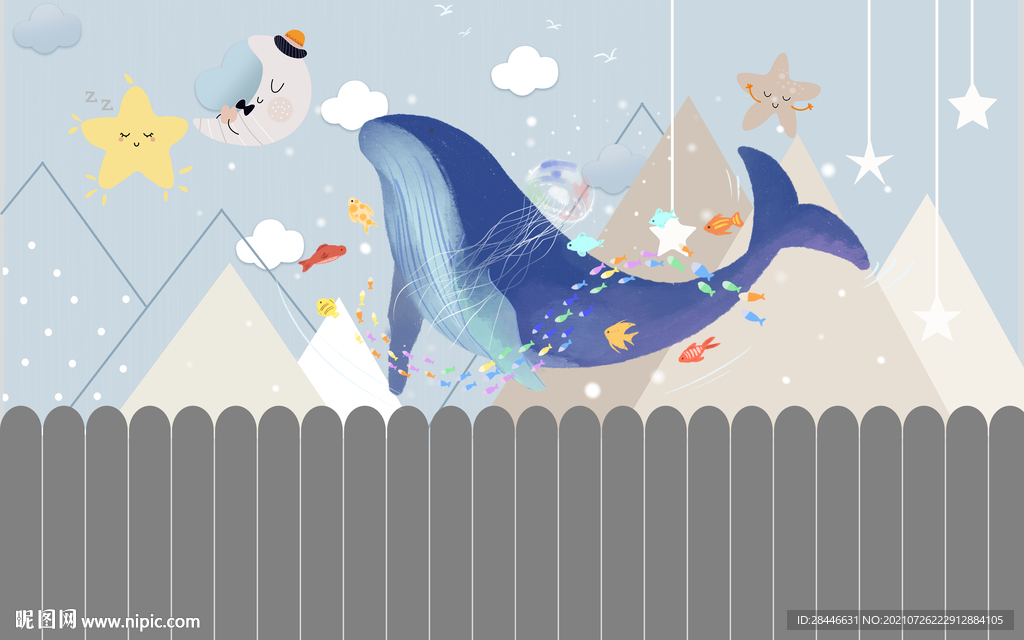 北欧卡通手绘儿童房背景墙