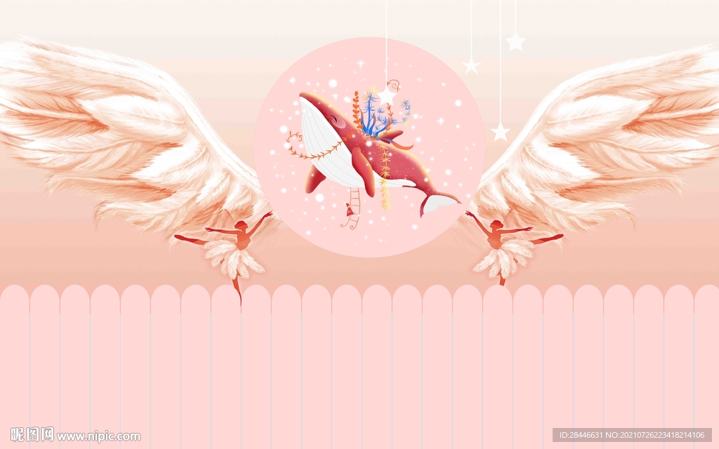 北欧卡通手绘儿童房背景墙