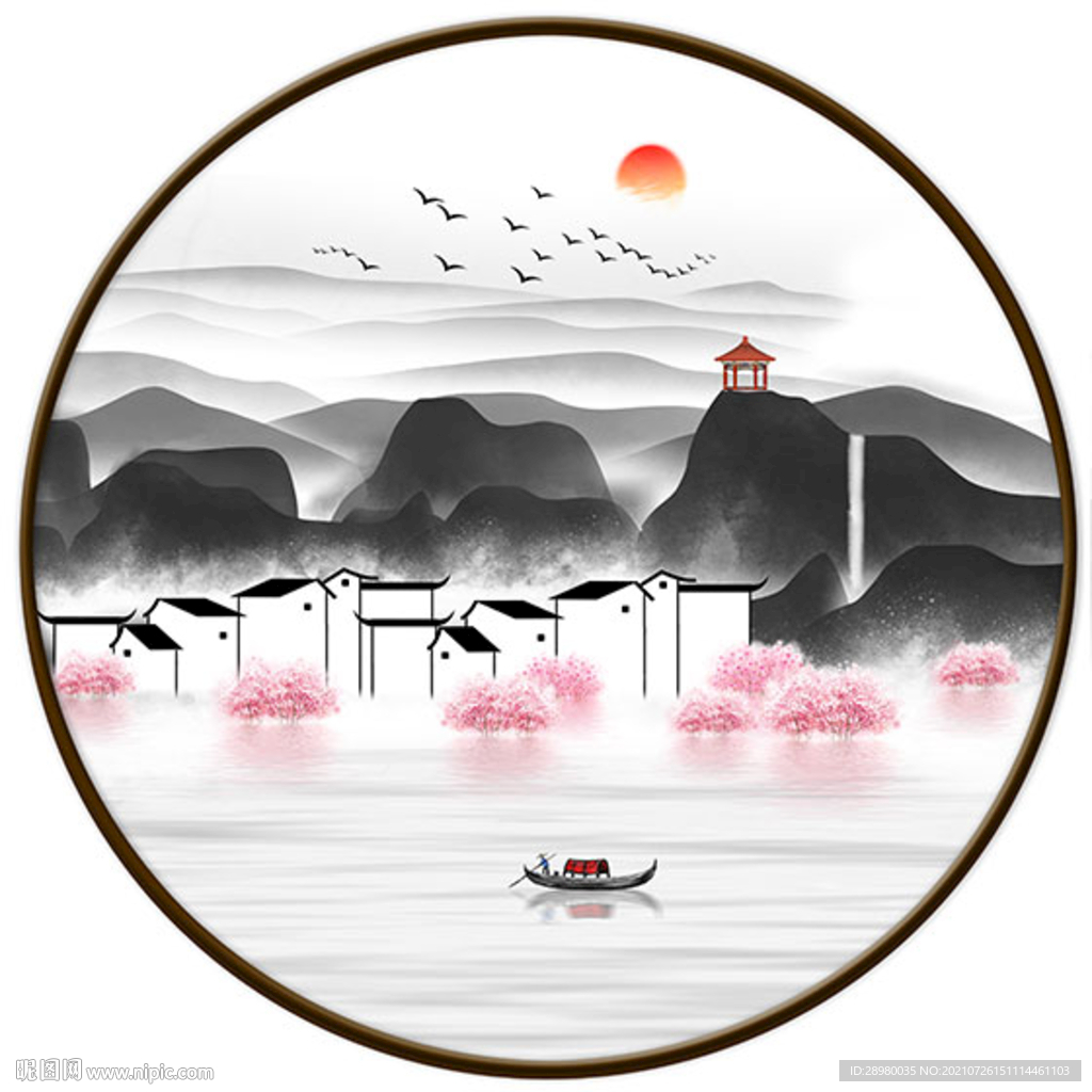 新中式水墨山水圆形装饰画