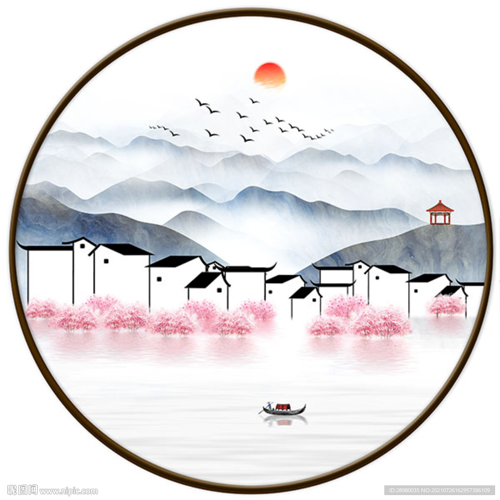 新中式徽派水墨山水圆形装饰画 