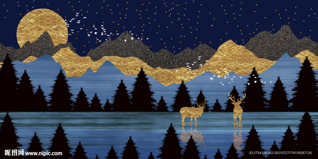 晶瓷画 树林风 夜景 麋鹿