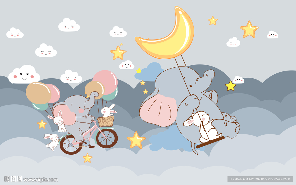 北欧卡通手绘儿童房背景墙