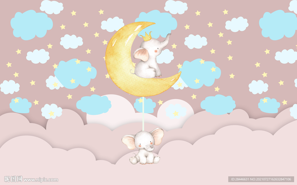 北欧卡通手绘儿童房背景墙