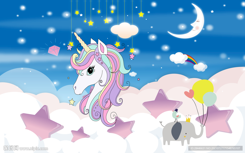 北欧卡通手绘儿童房背景墙