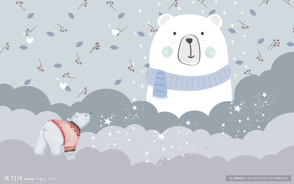 北欧卡通手绘儿童房背景墙