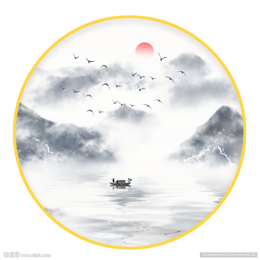 山水圆形画