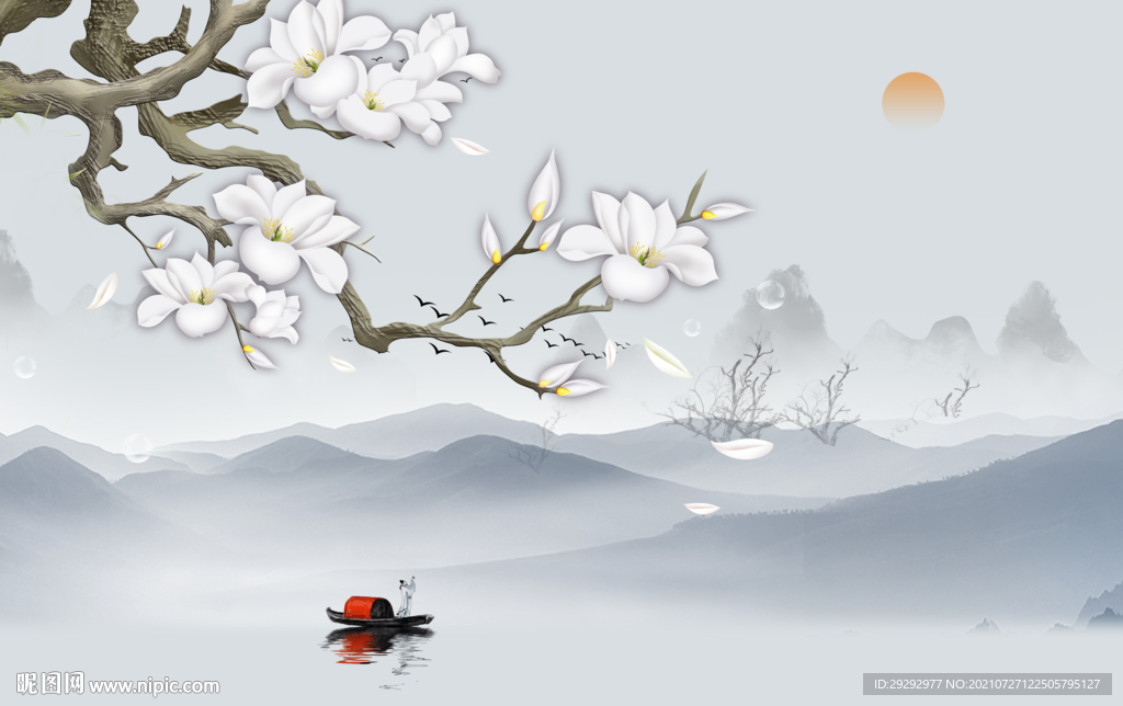 玉兰花鸟山水背景墙