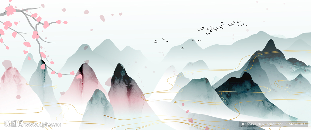 樱花山水电视墙背景