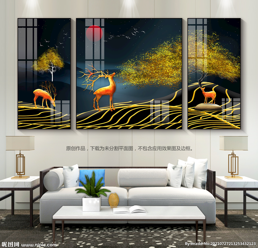 鎏金远山麋鹿客厅沙发背景装饰画