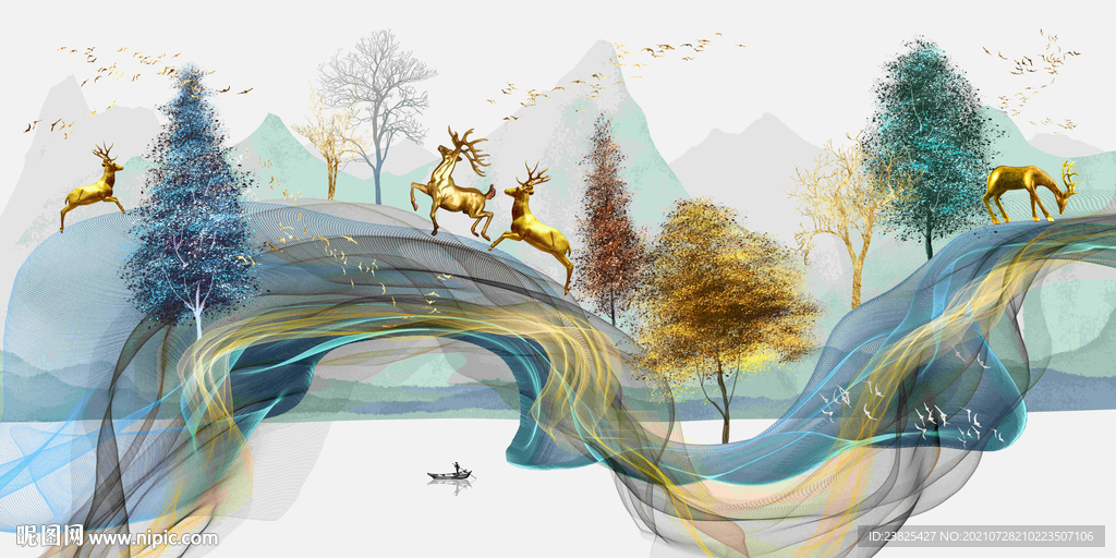 北欧抽象金色线条麋鹿山水装饰画