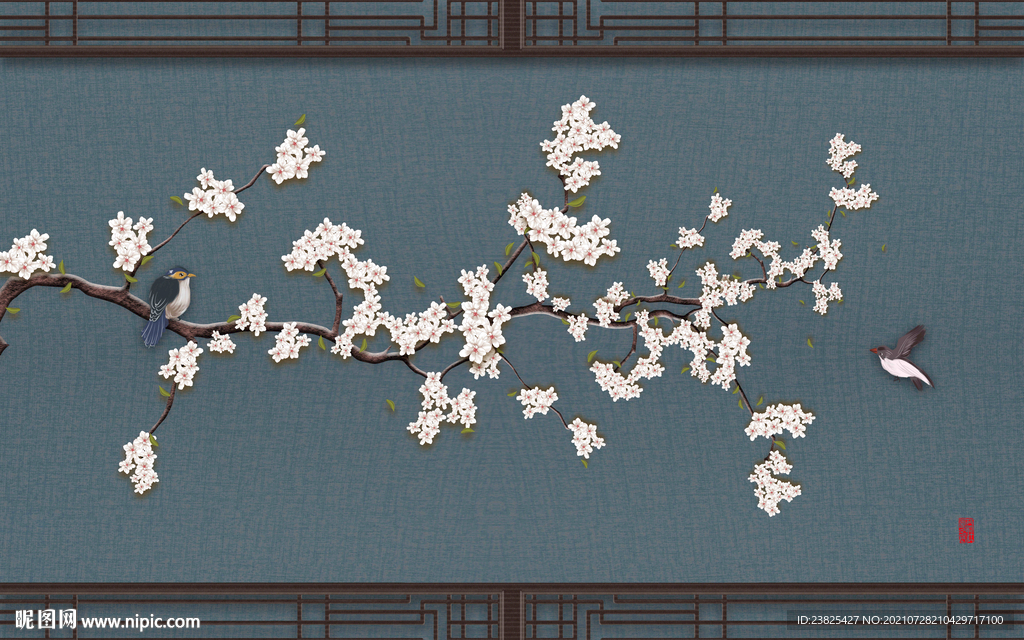 新中式手绘工笔花鸟电视背景墙