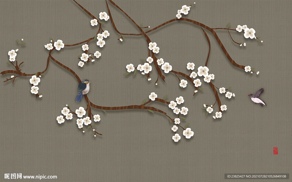 新中式手绘工笔花鸟电视背景墙