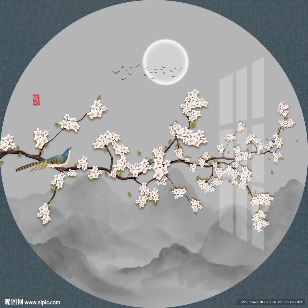 新中式手绘玉兰鸟圆形装饰画