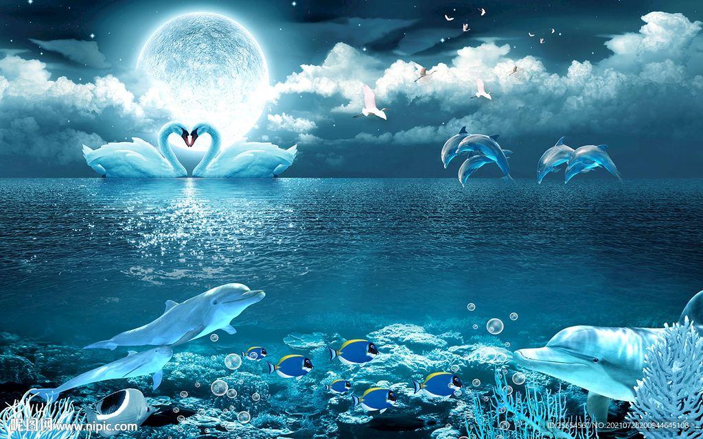 浪漫天鹅湖夜景背景墙