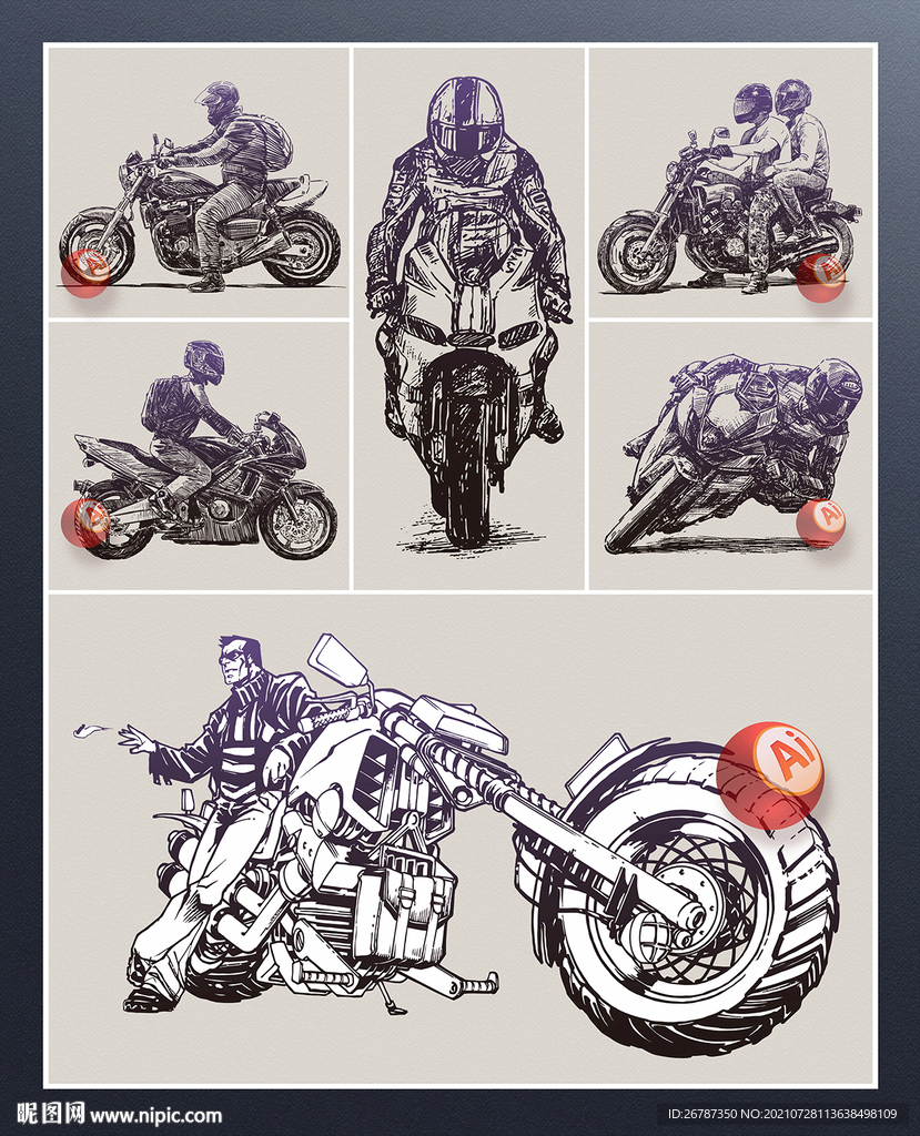 矢量手绘摩托骑手系列