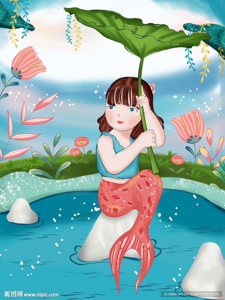 处暑节气美人鱼小清新风格插画
