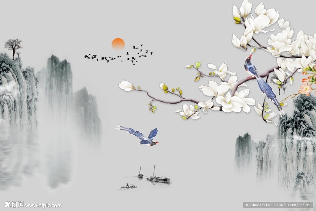 玉兰山水国画背景墙