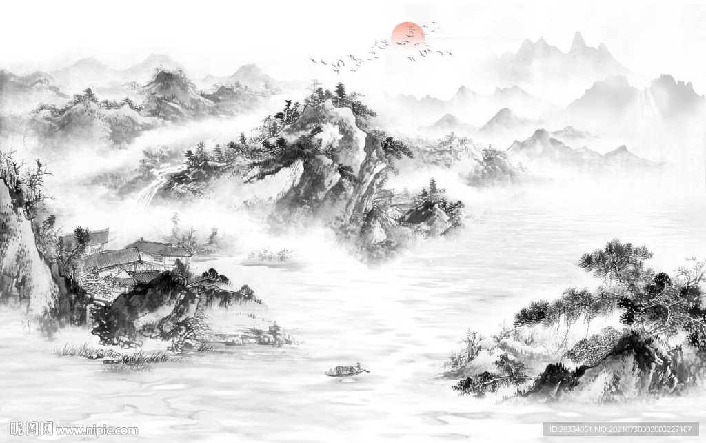 新中式水墨山水风景背景墙壁画