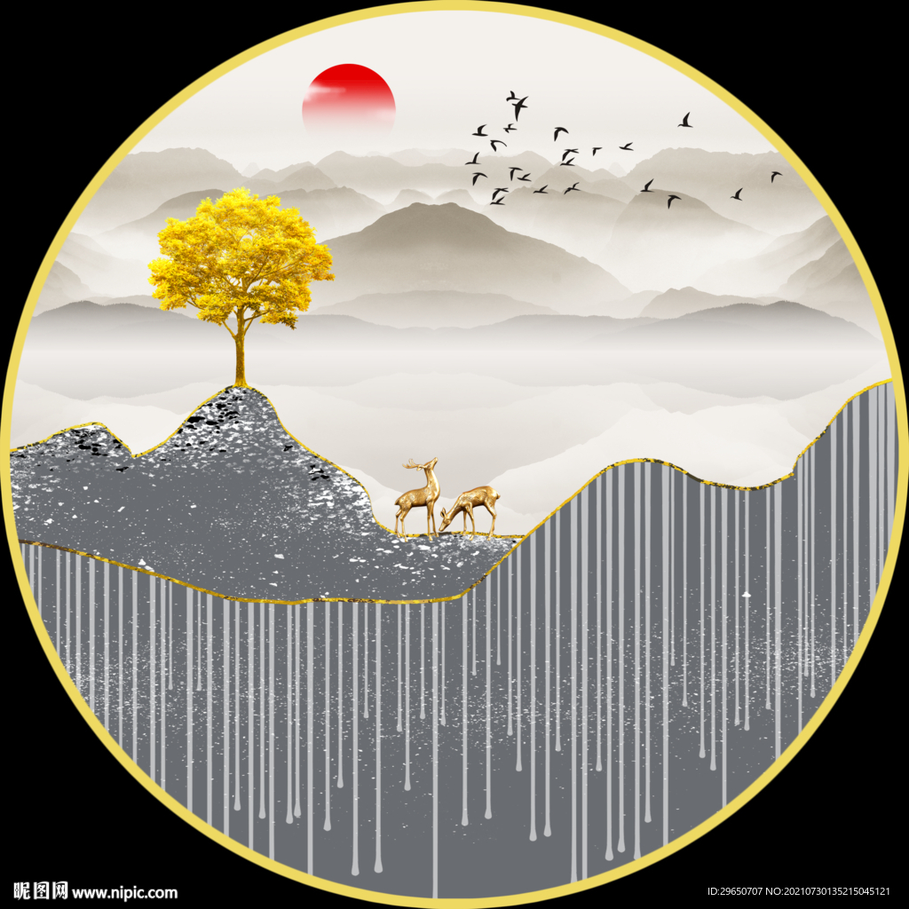轻奢圆形山水麋鹿玄关