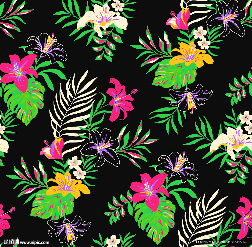 手绘线条水仙花数码印花