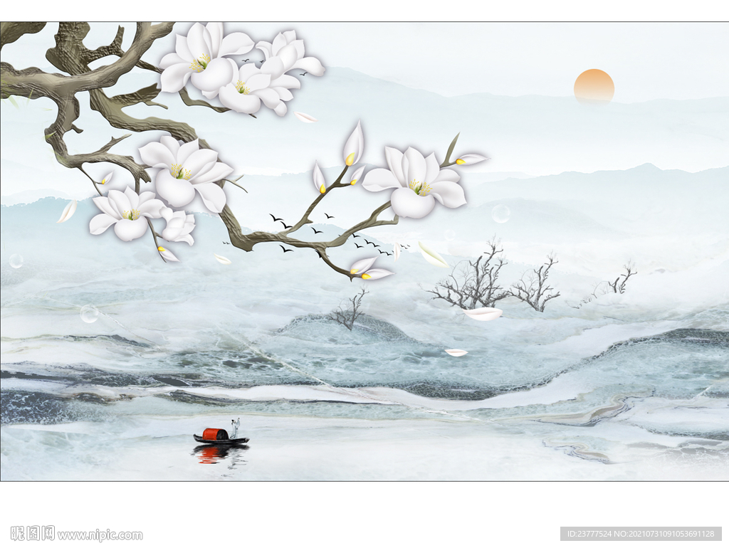玉兰花鸟山水背景墙