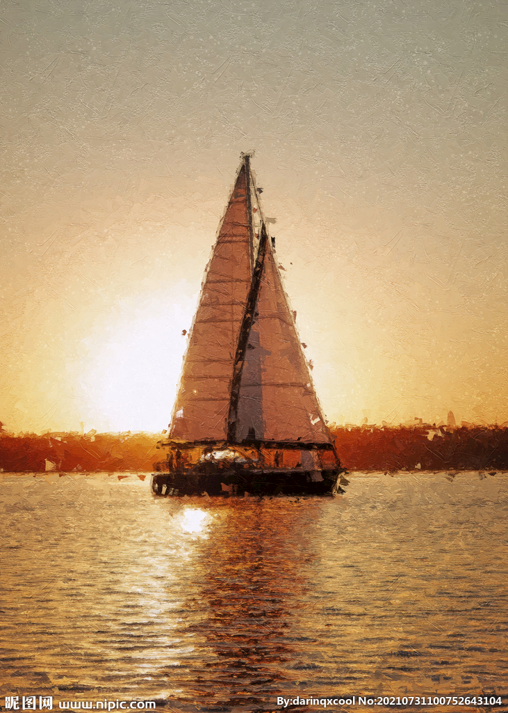 数字油画装饰画素材夕阳海上帆船