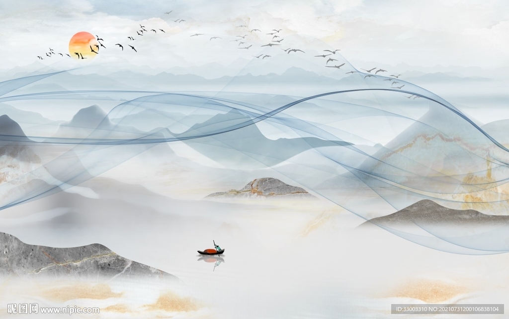 抽象飘带新中式山水背景墙