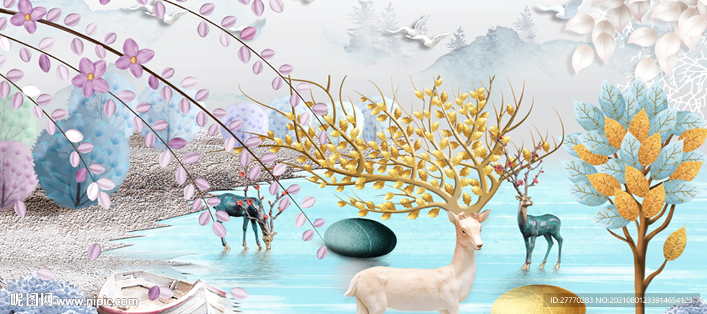 麋鹿发财树装饰画