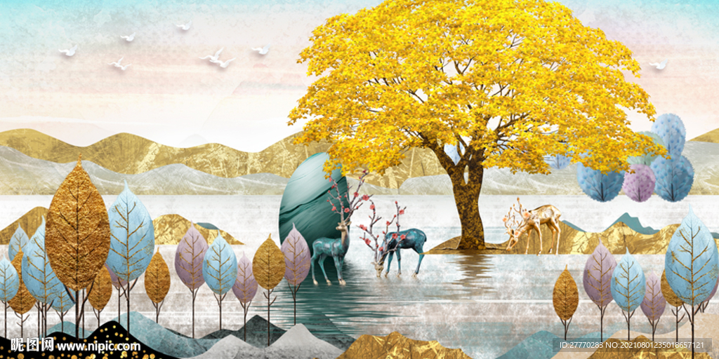 发财树麋鹿山水画