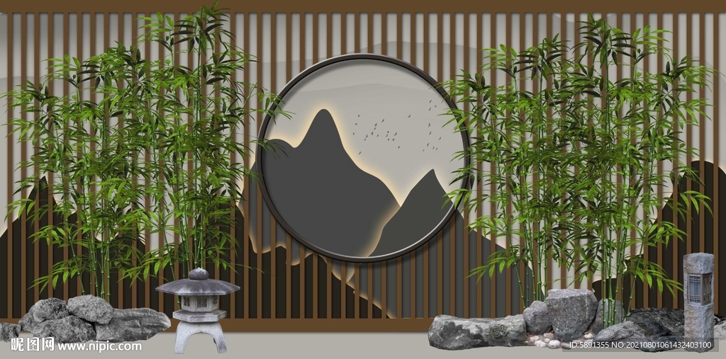 新中式意境创意景观饭店背景墙