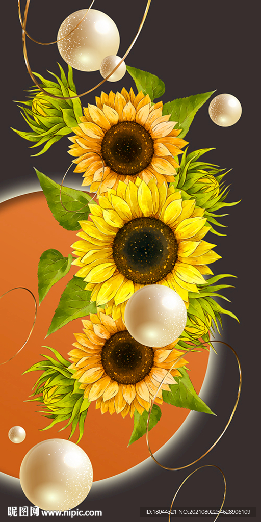 手绘向日葵立体球玄关装饰画