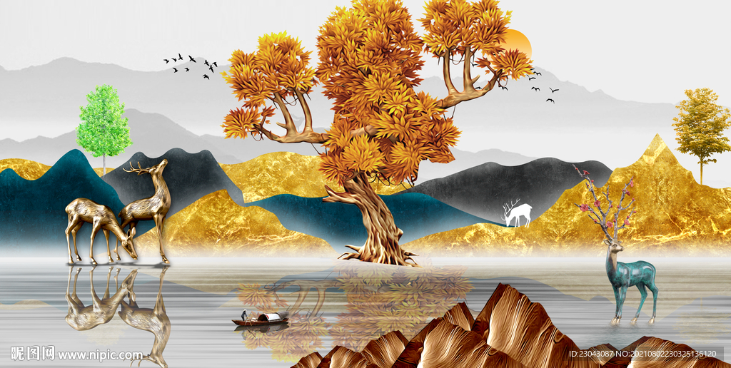 立体麋鹿山水画