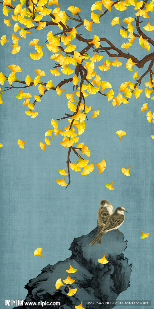 新中式手绘工笔花鸟玄关背景墙