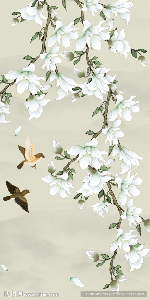 新中式手绘玉兰花鸟玄关背景墙