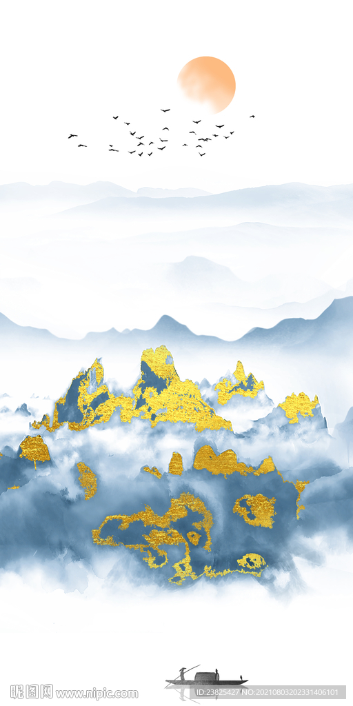 新中式抽象水墨山水玄关背景墙