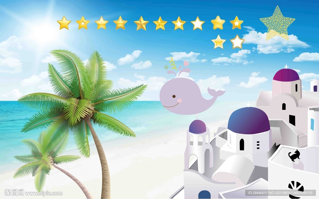 北欧卡通手绘儿童房背景墙