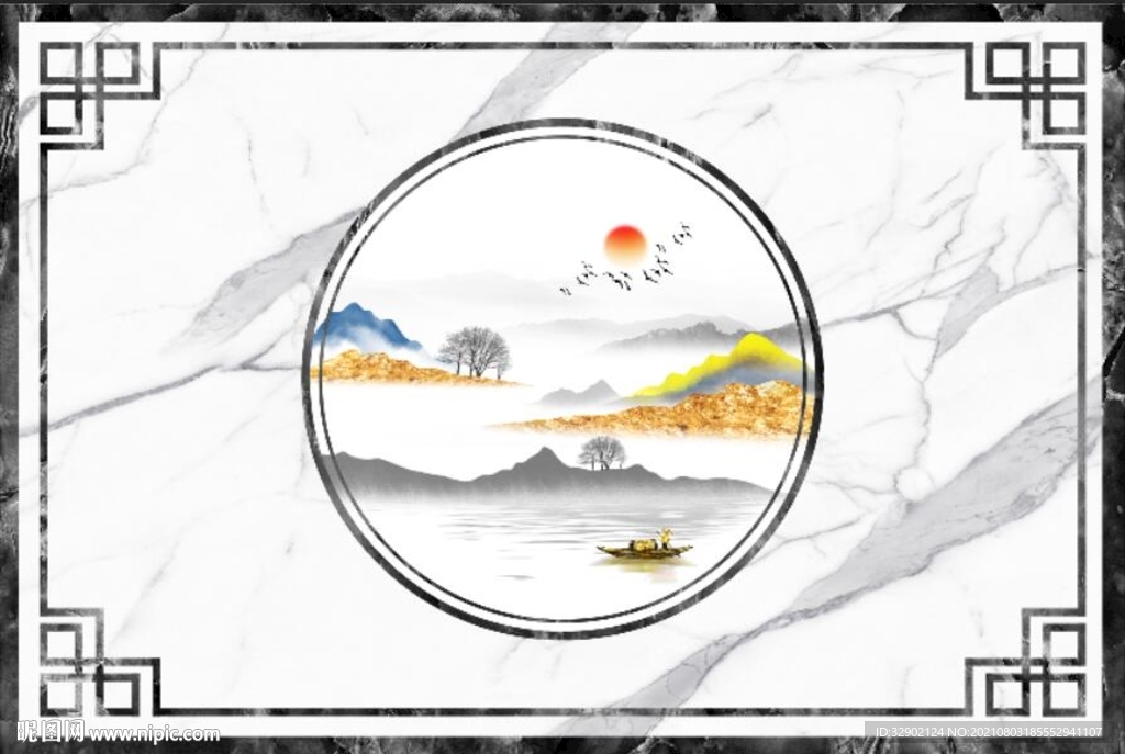 新中式水墨山水爵士白石纹背景墙