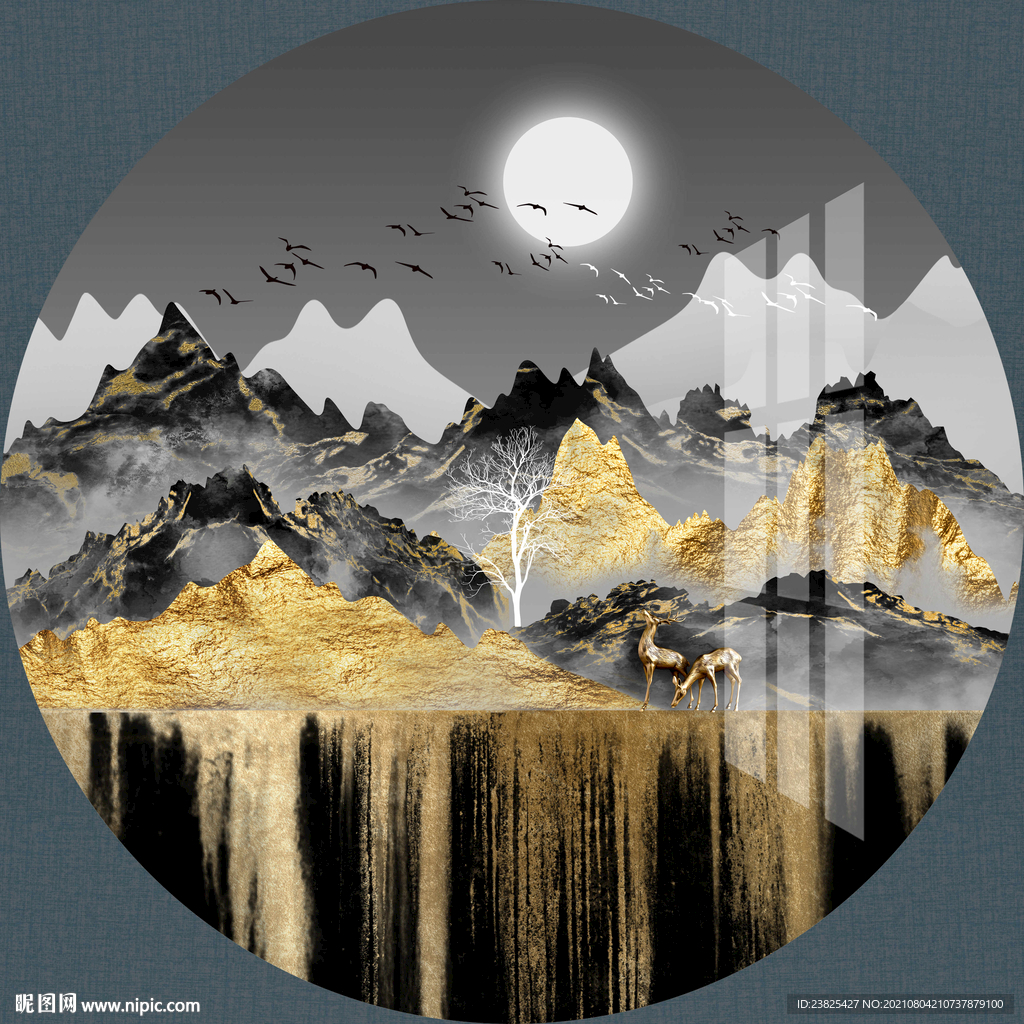 新中式金色山水圆形晶瓷装饰画