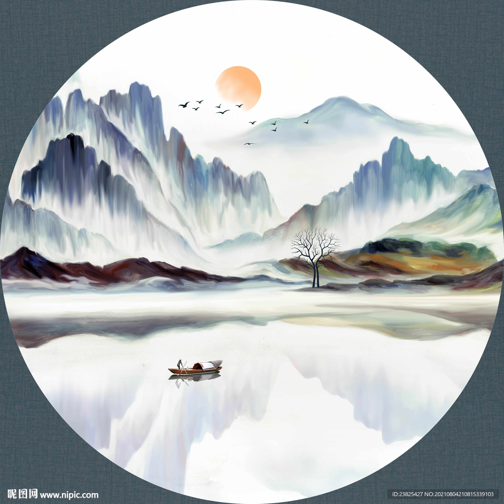 新中式抽象水墨山水圆形装饰画