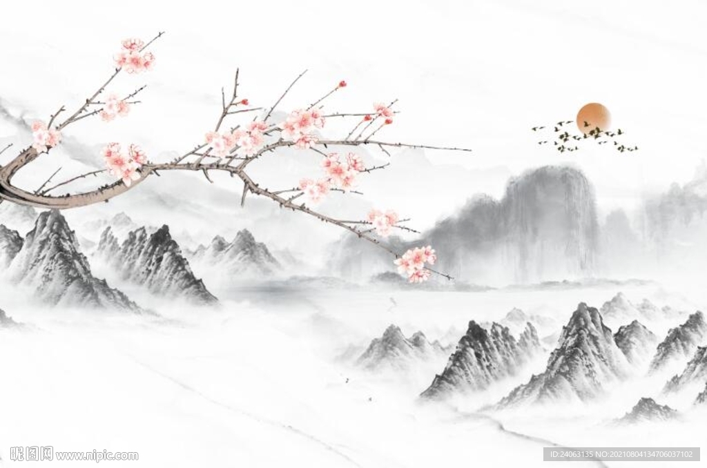 中式花卉山水情背景墙