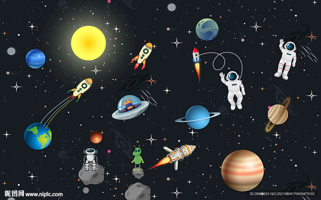 手绘儿童房星空宇宙背景墙