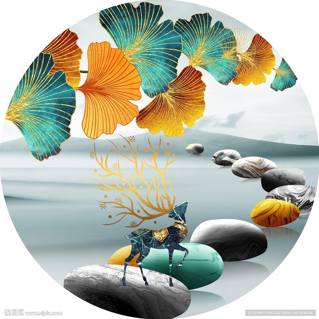 现代轻奢银杏麋鹿装饰画