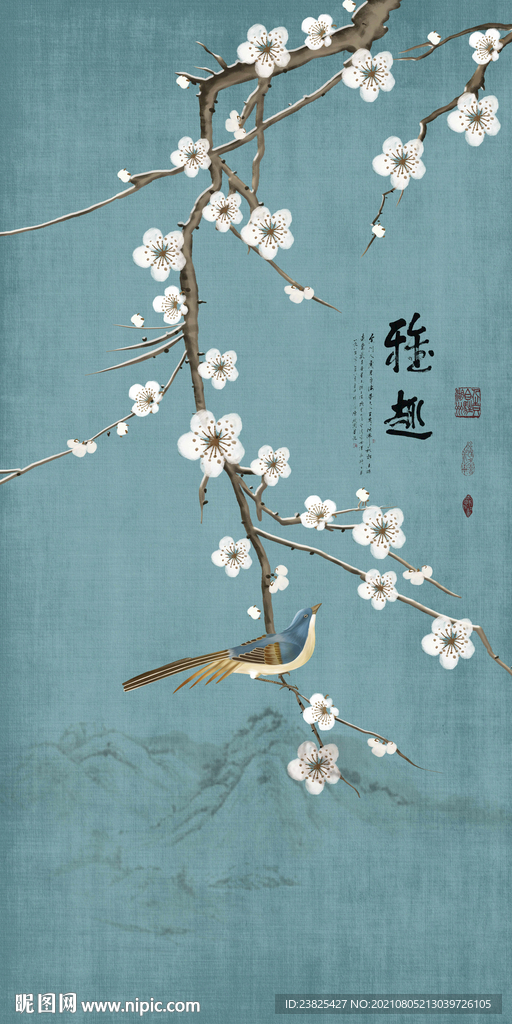 新中式手绘玉兰花鸟玄关背景墙