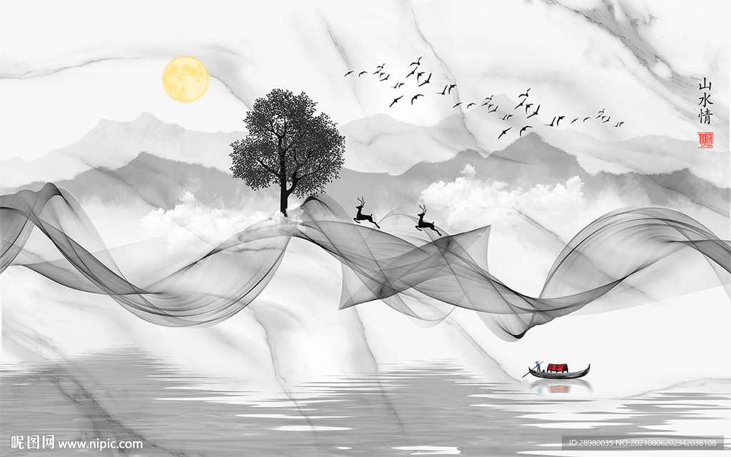 中式烟雾山水大理石背景墙