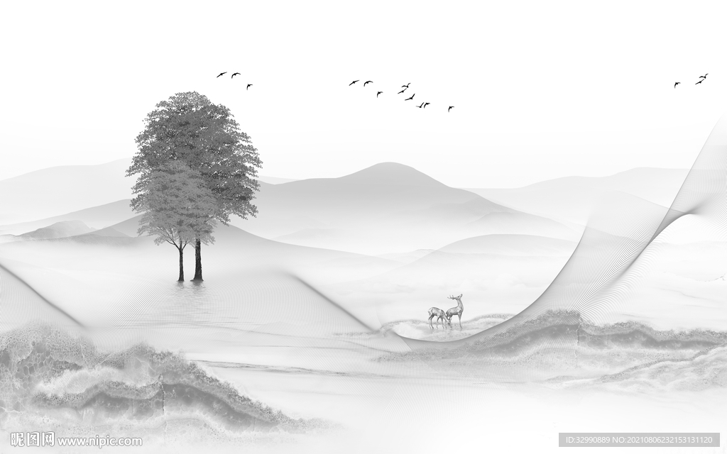 别墅 灰色山水 TIF分层画 