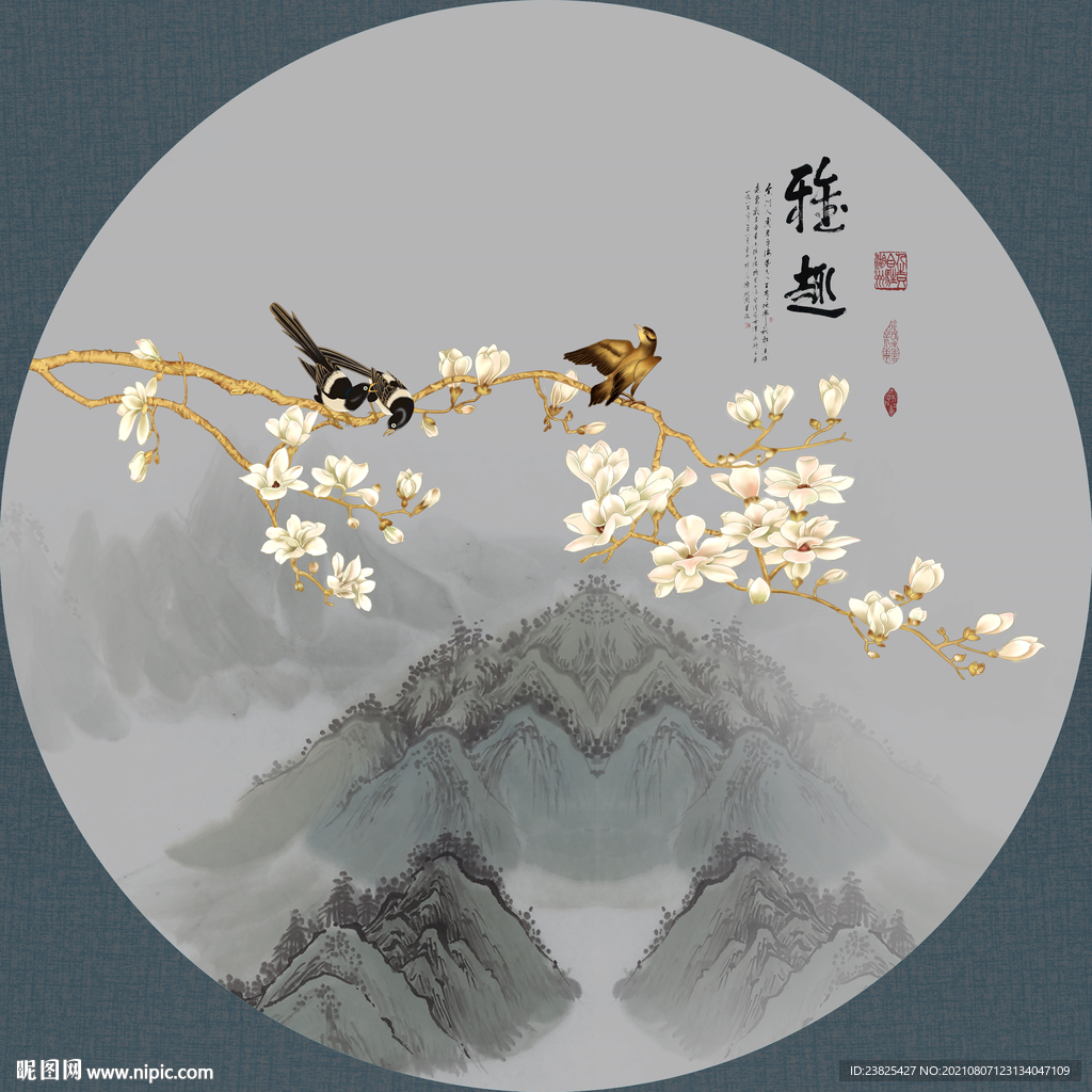 新中式手绘玉兰花鸟圆形装饰画